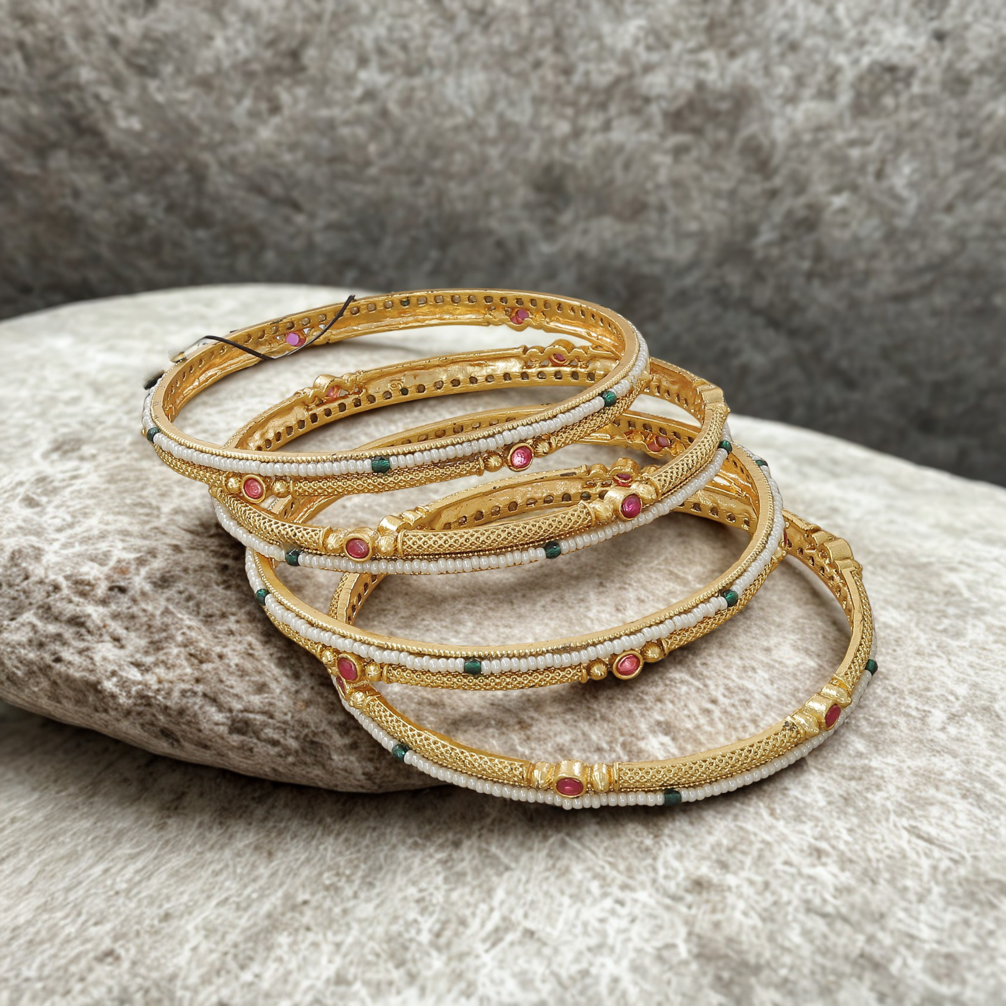 Antique Indian Set Of 4 Bangles with Moti, Ruby & Emerald