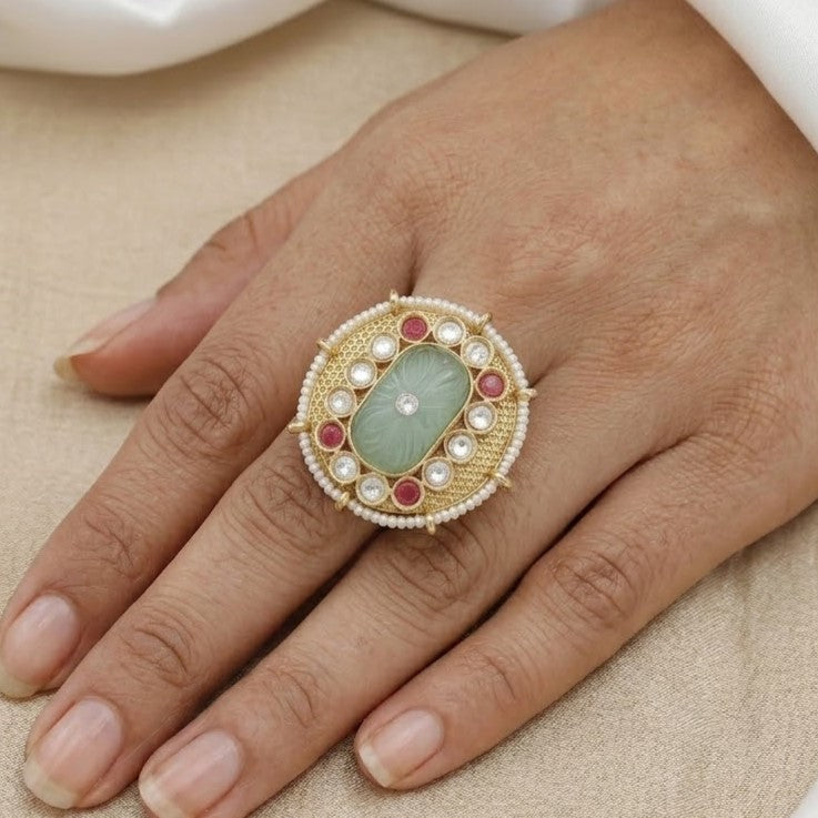 Traditional Antique Kundan Ring with Carved Gemstone
