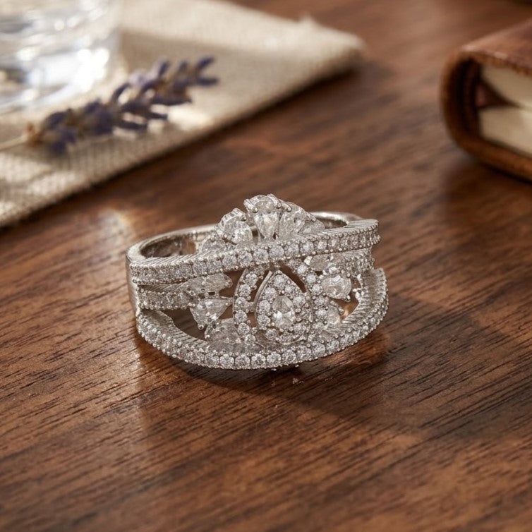 Elegant Silver Tone Statement Ad Ring