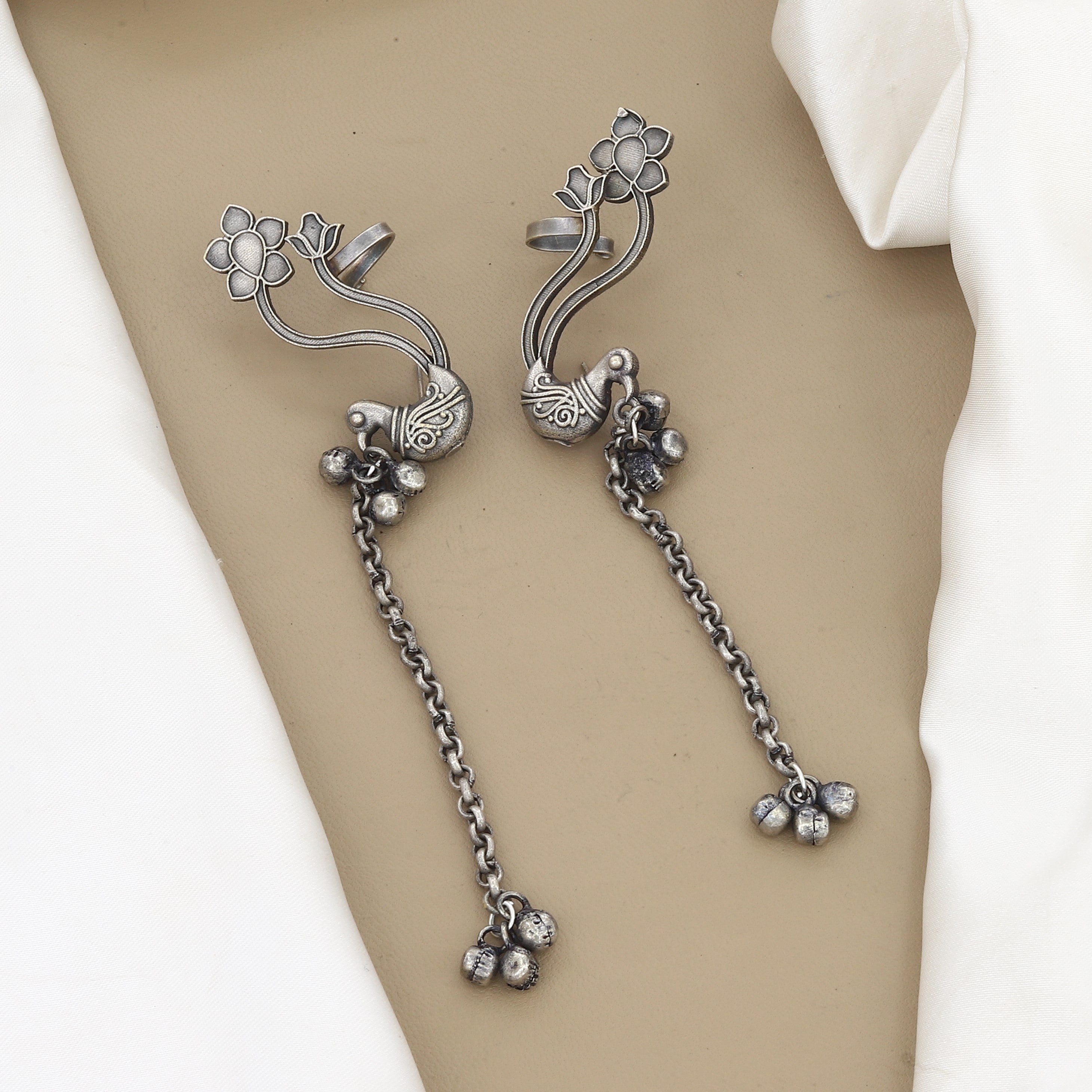 Antique Silver Peacock Long Chain Earrings with Ghungroo