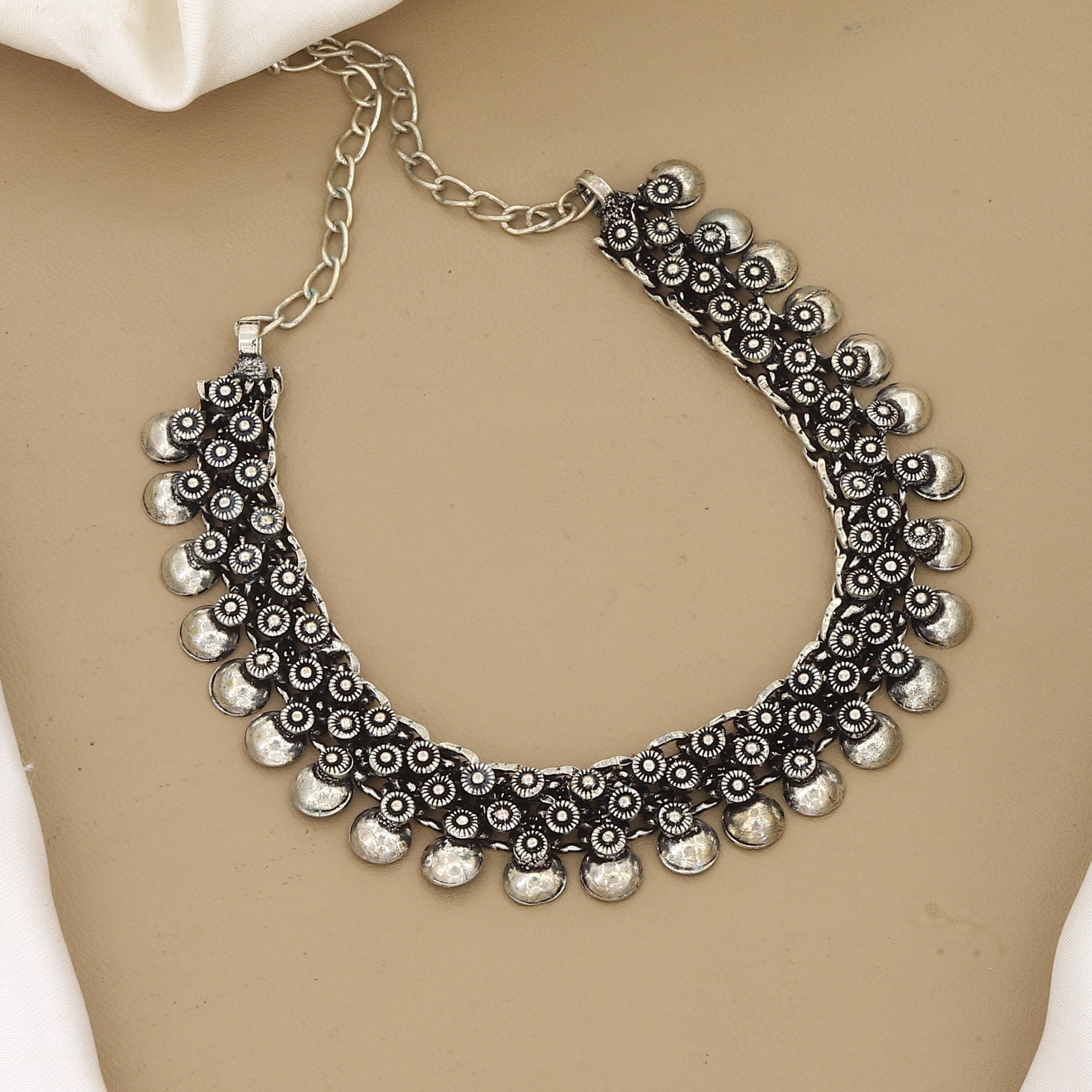 Oxidized Silver Floral Coin Choker (Only Choker)