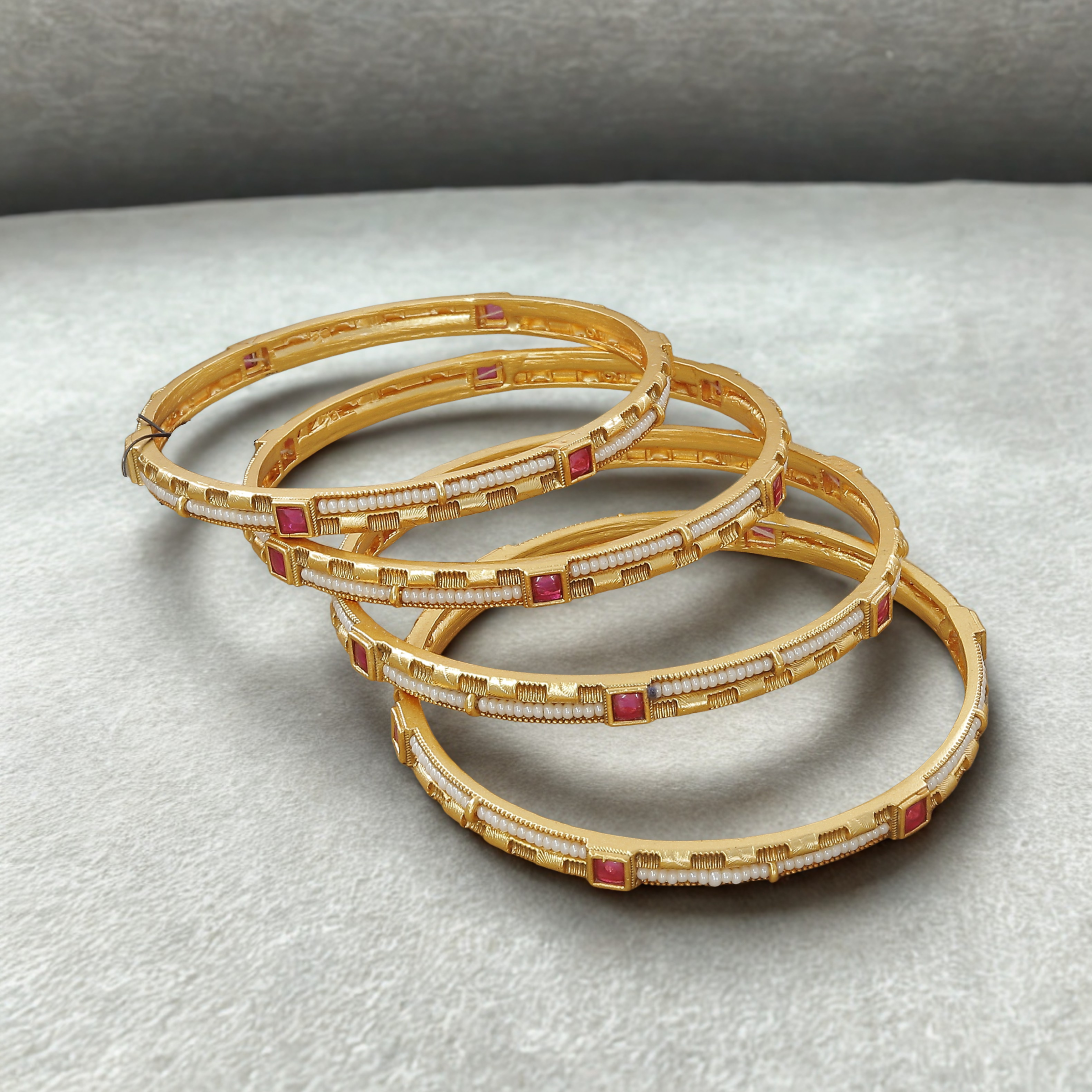 Elegant Antique Set of 4 Bangle Set with Ruby and Pearl Accents