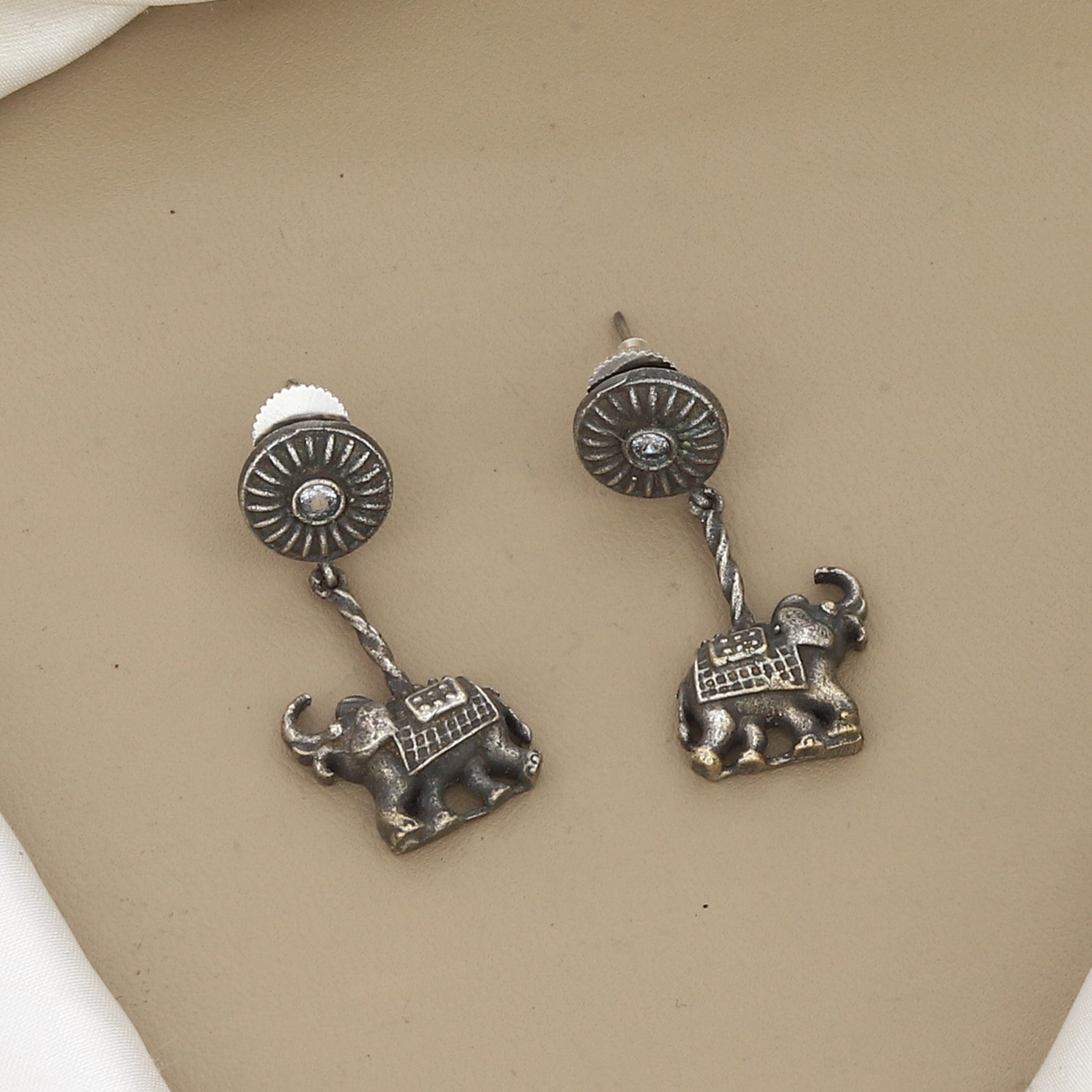 Antique Oxidized Silver Elephant Motif Drop Earrings