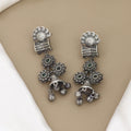 Oxidized Silver Damru & Floral Drop Earrings with Green Stones