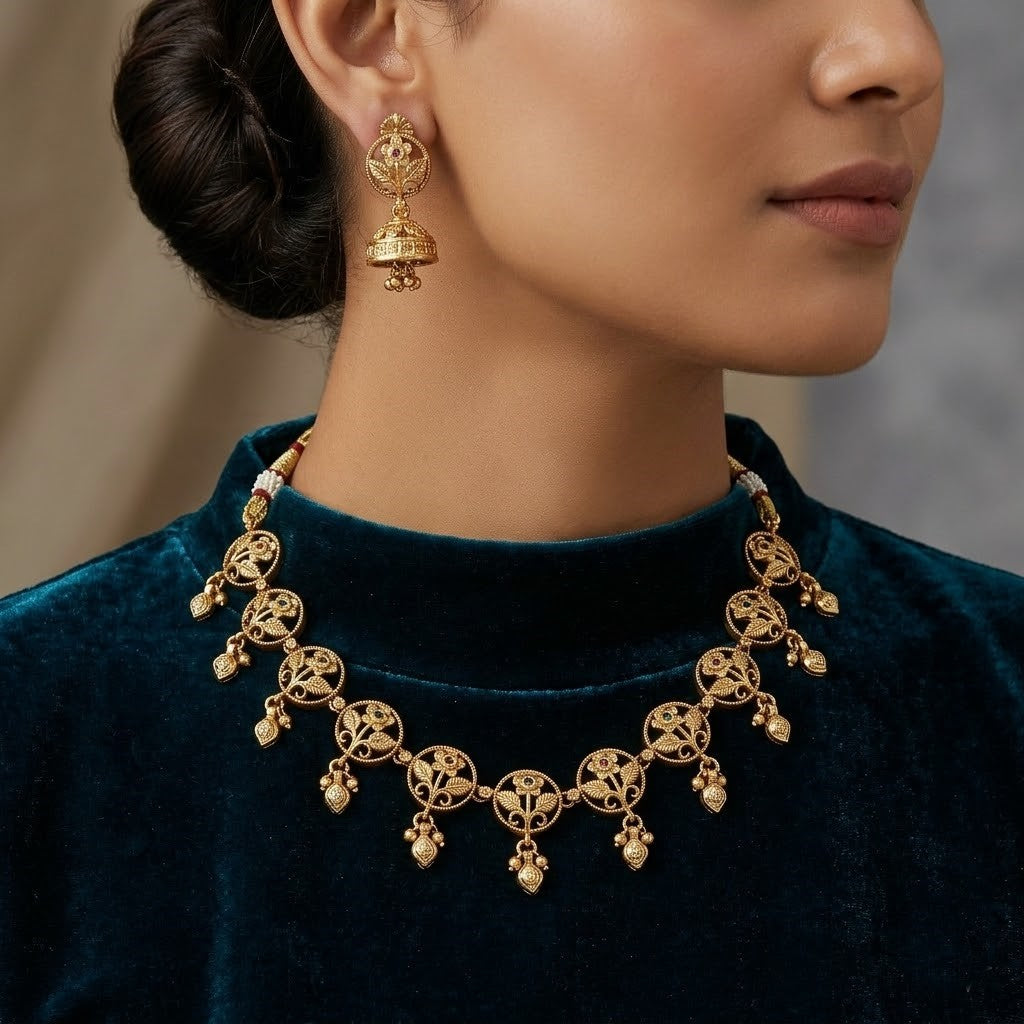 Charming Antique Gold Finish Necklace Set with Floral Filigree & Jhumki Earrings