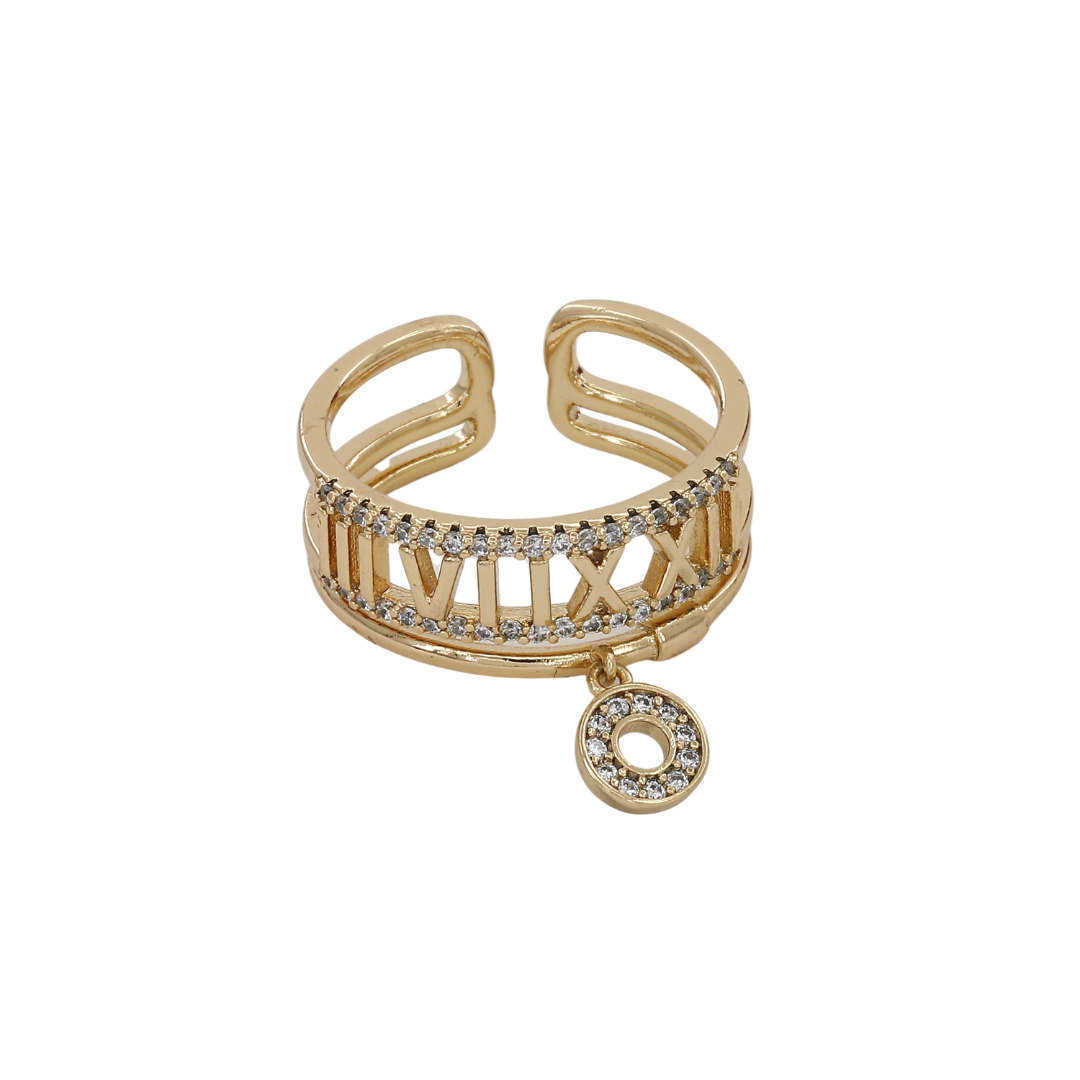 Gold Roman Numeral Dangle Ring with Sparkling Accents