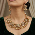 Antique Gold Plated Kundan Necklace Set with Pearl Drops