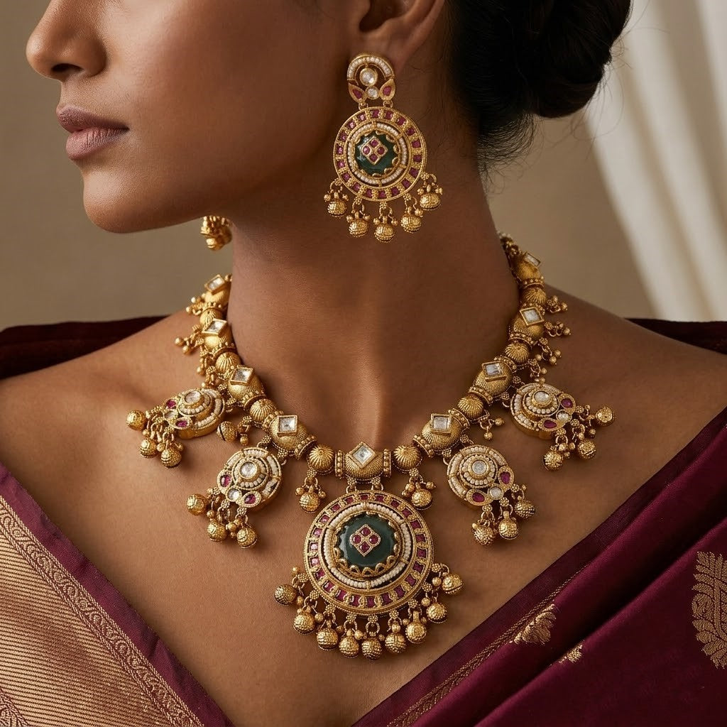 Antique Gold Tone Necklace Set with Ruby and Emerald Stones
