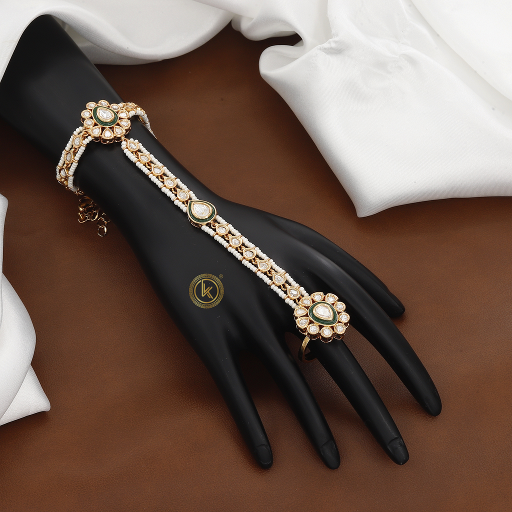 Elegant Gold Hathphool with Kundan & Green Enamel