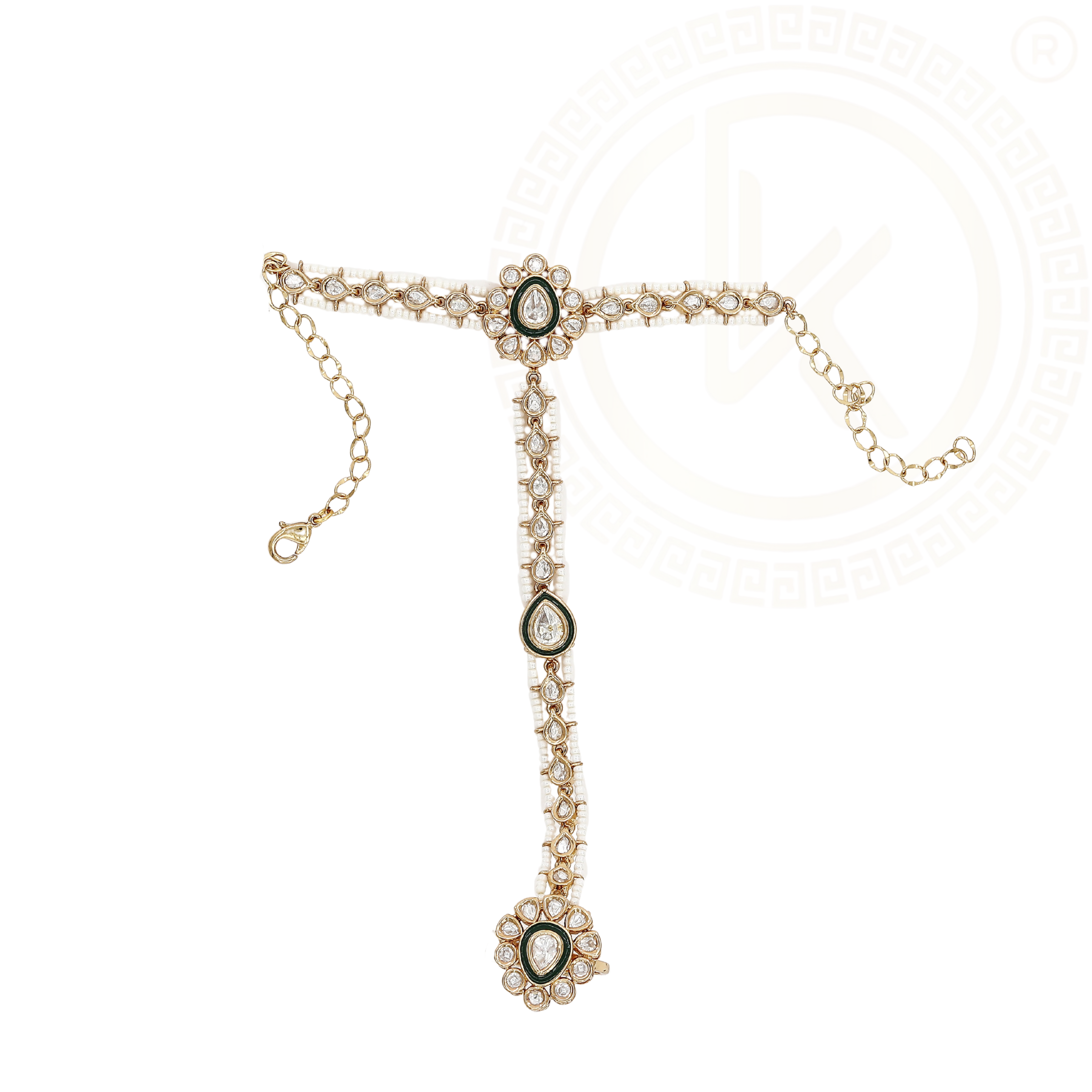 Elegant Gold Hathphool with Kundan & Green Enamel