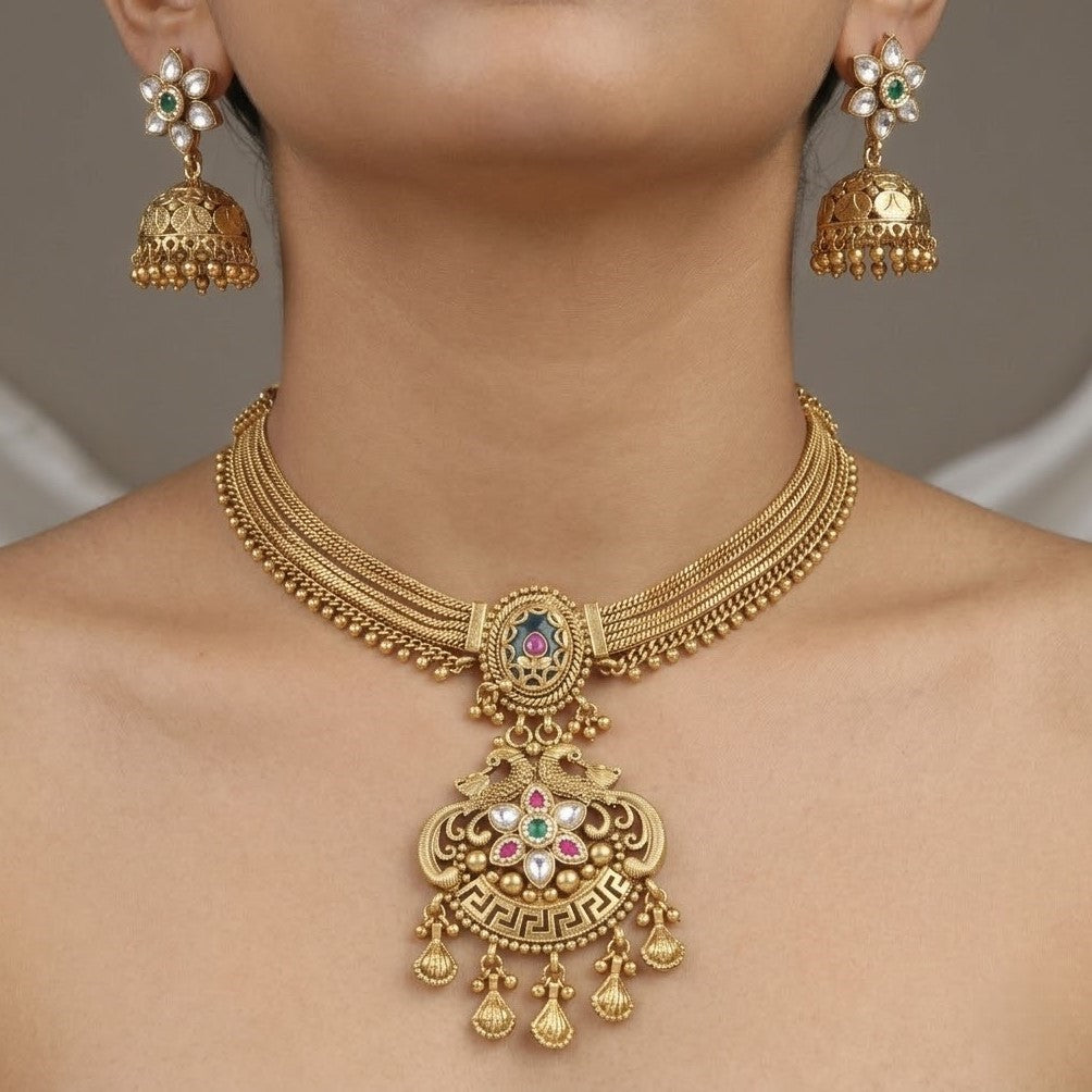 Multi-Strand Antique Gold Festive Wedding Necklace Set