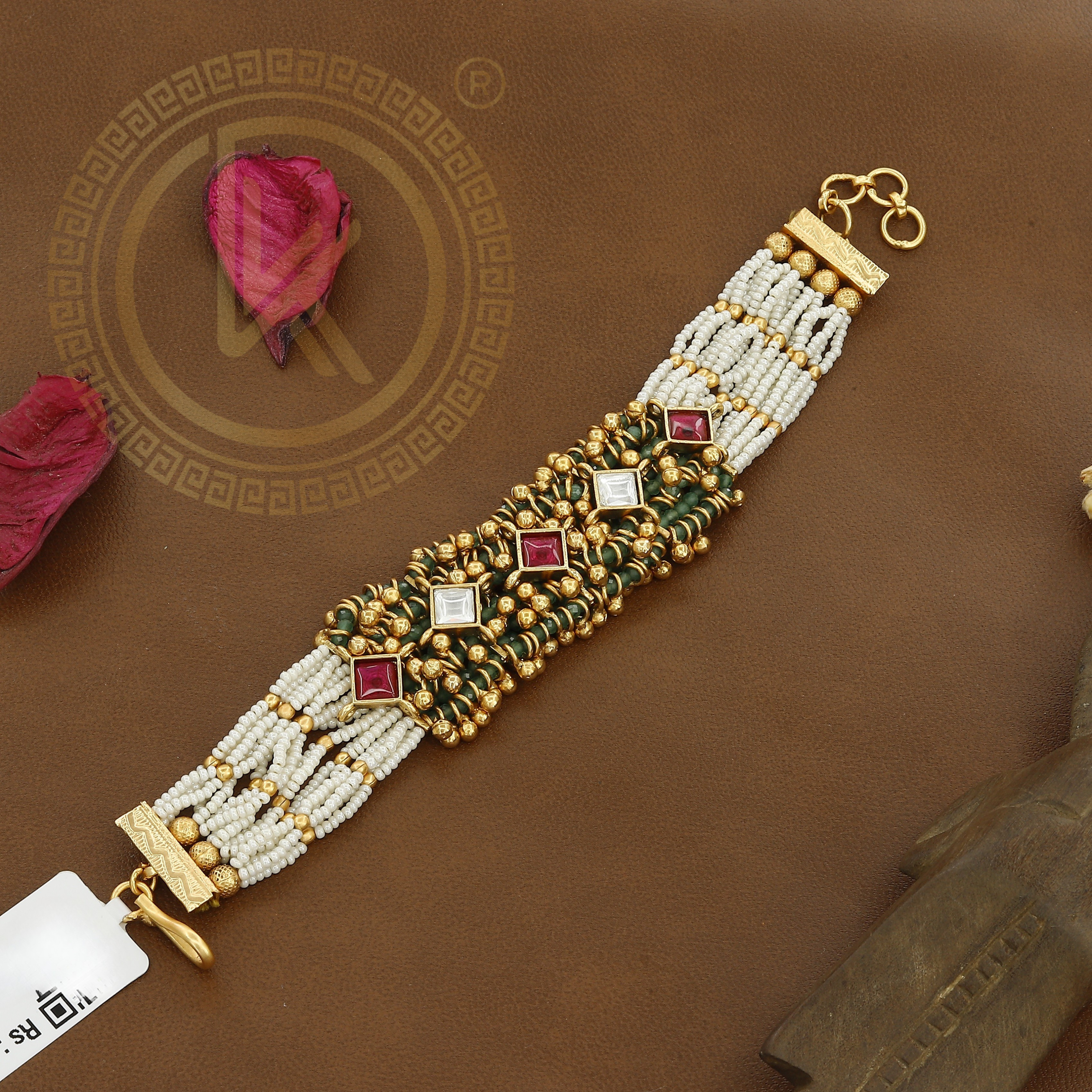 Statement Kundan Antique Hand Bracelet With Colors