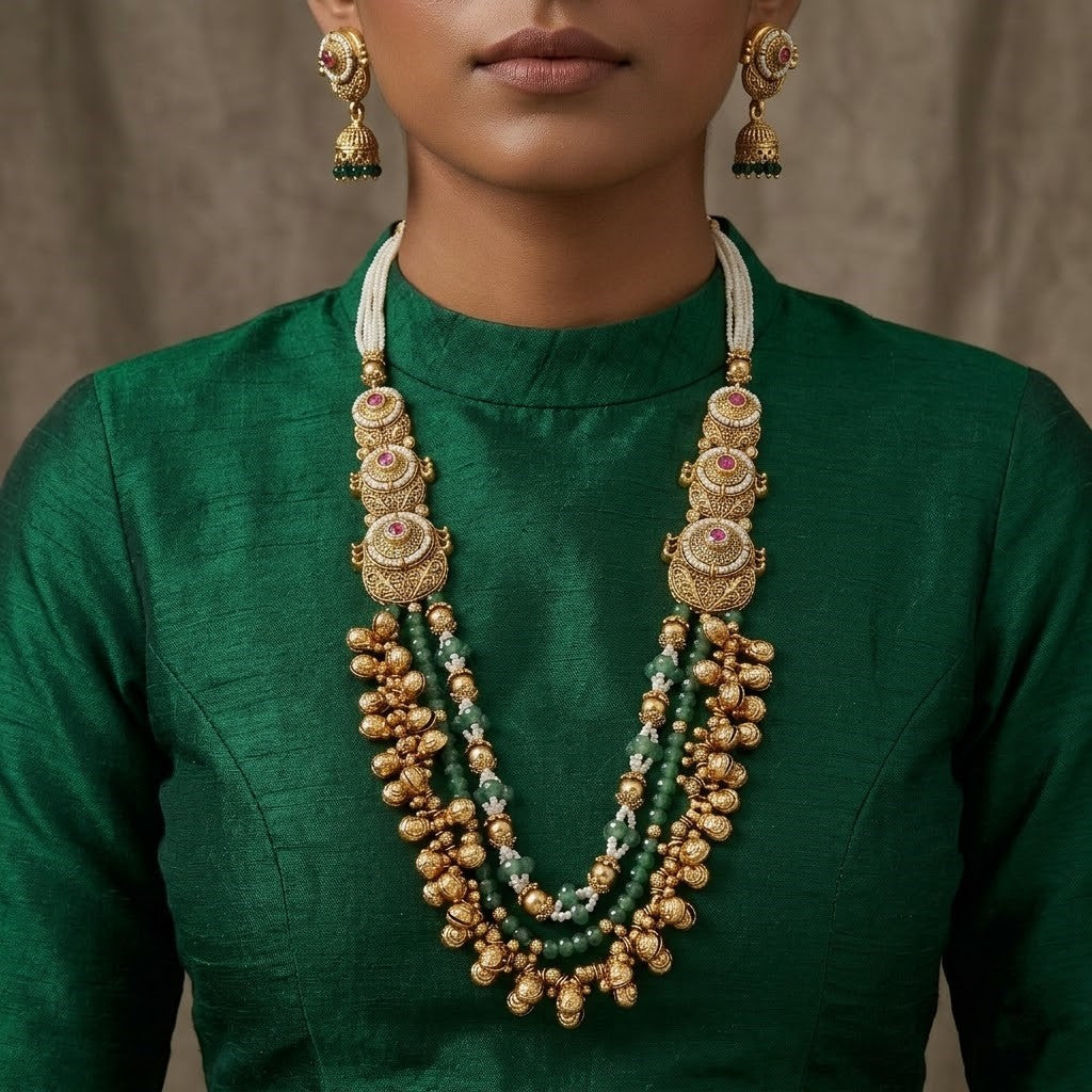 Grand Layered Necklace with Ruby, Kundan, and Green Beads