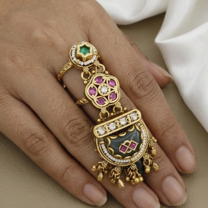 Antique Gold-Plated Long Multi-Finger Statement Ring