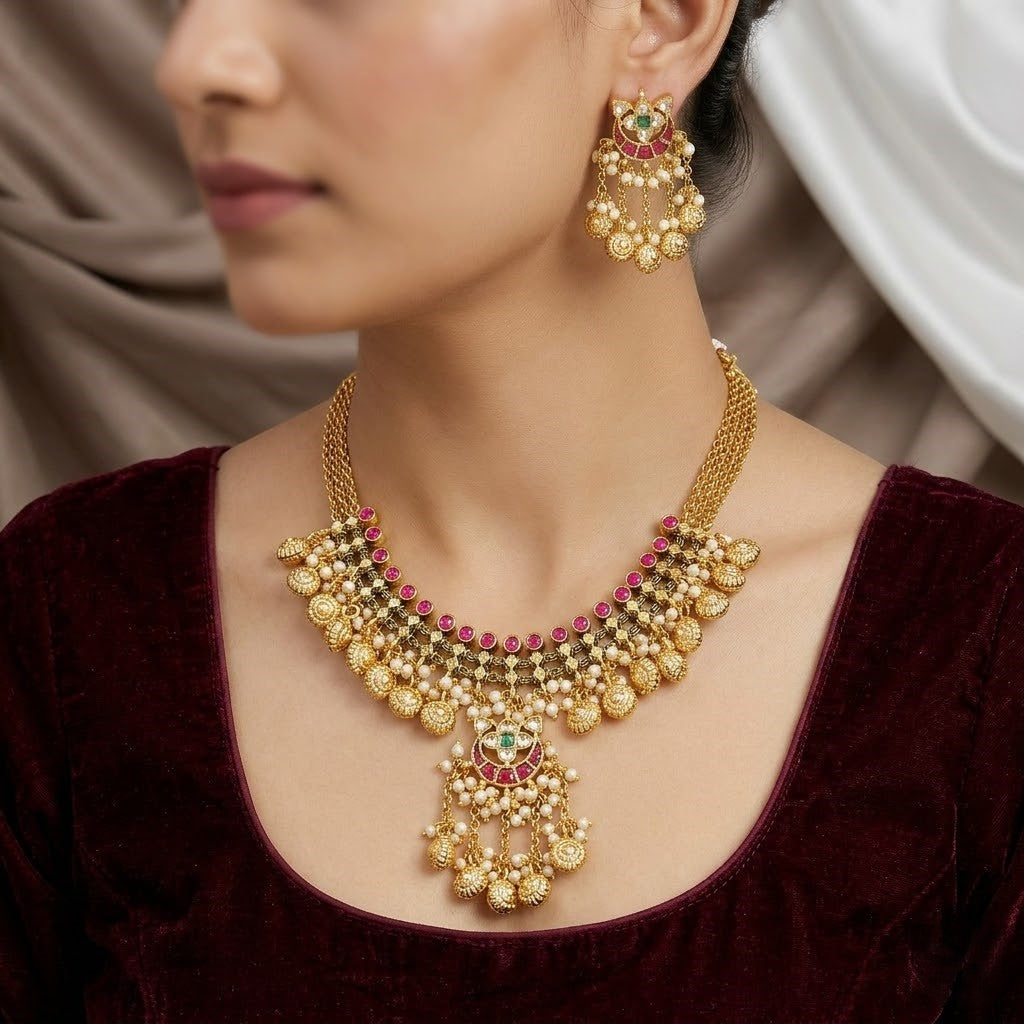 Grand Antique Gold Plated Choker Necklace with Pink and Green Stones