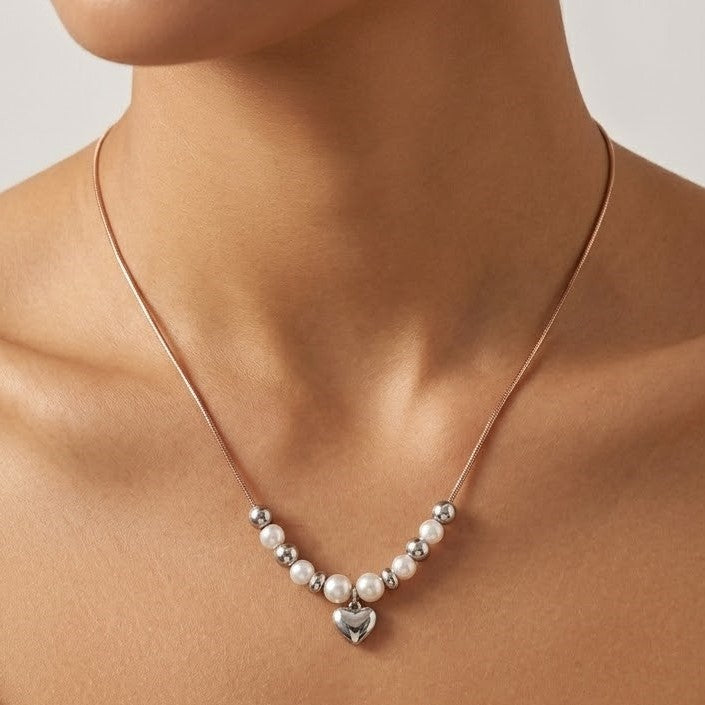 Elegant Pearl & Silver Heart Charm Necklace