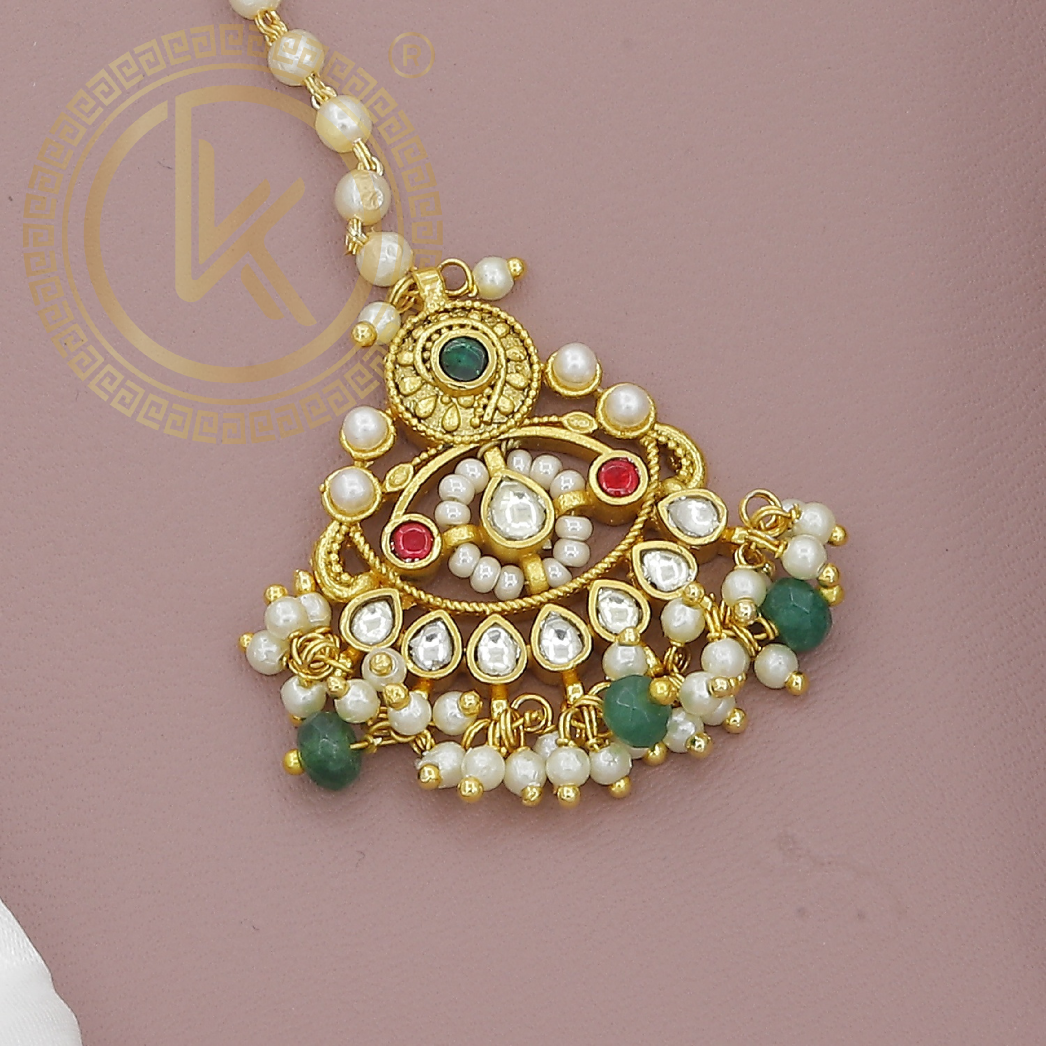 Gold Plated Floral Maang Tikka with Pearl & Kundan Detailing