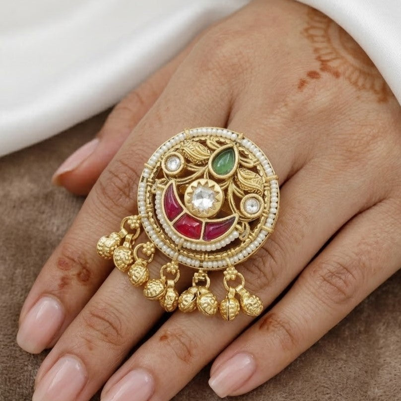Antique Meenakari Finger Ring with Pearl Drops