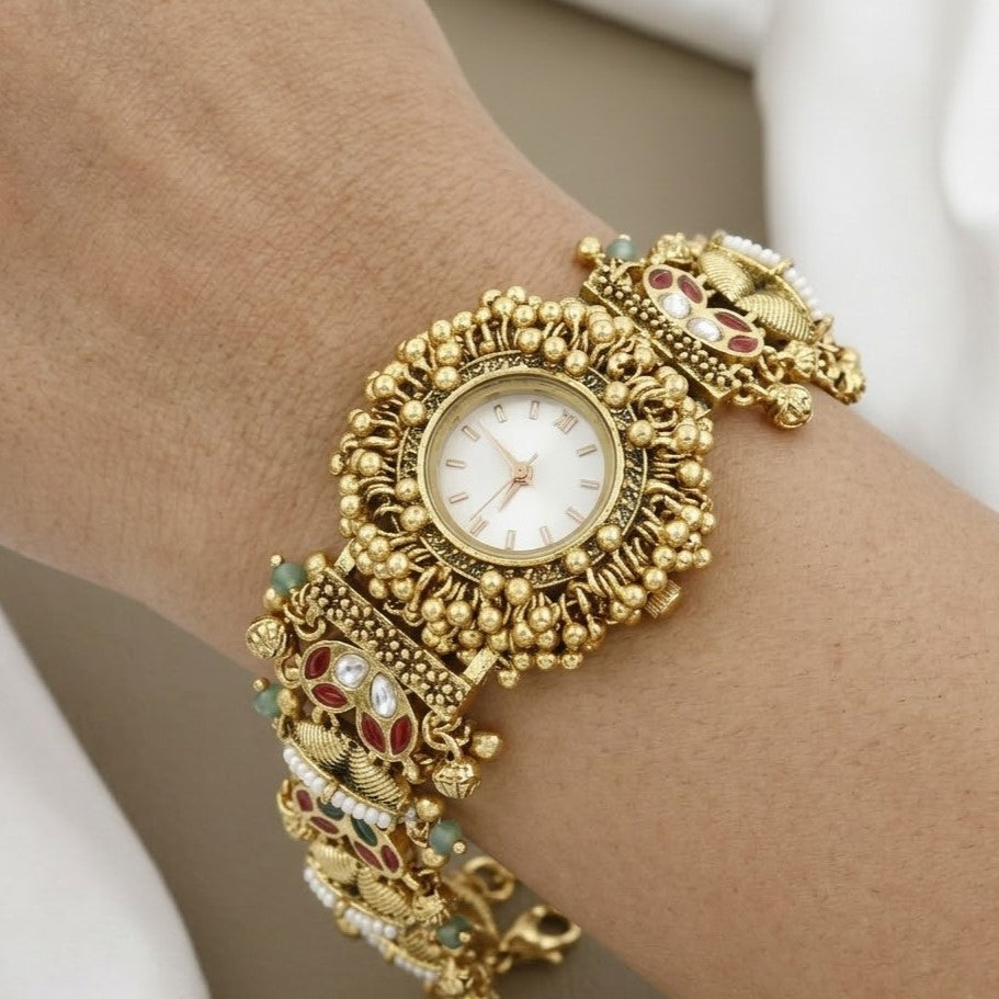 Ethnic Gold Pearl & Stone Timepiece Traditional Indian Jewelry Watch