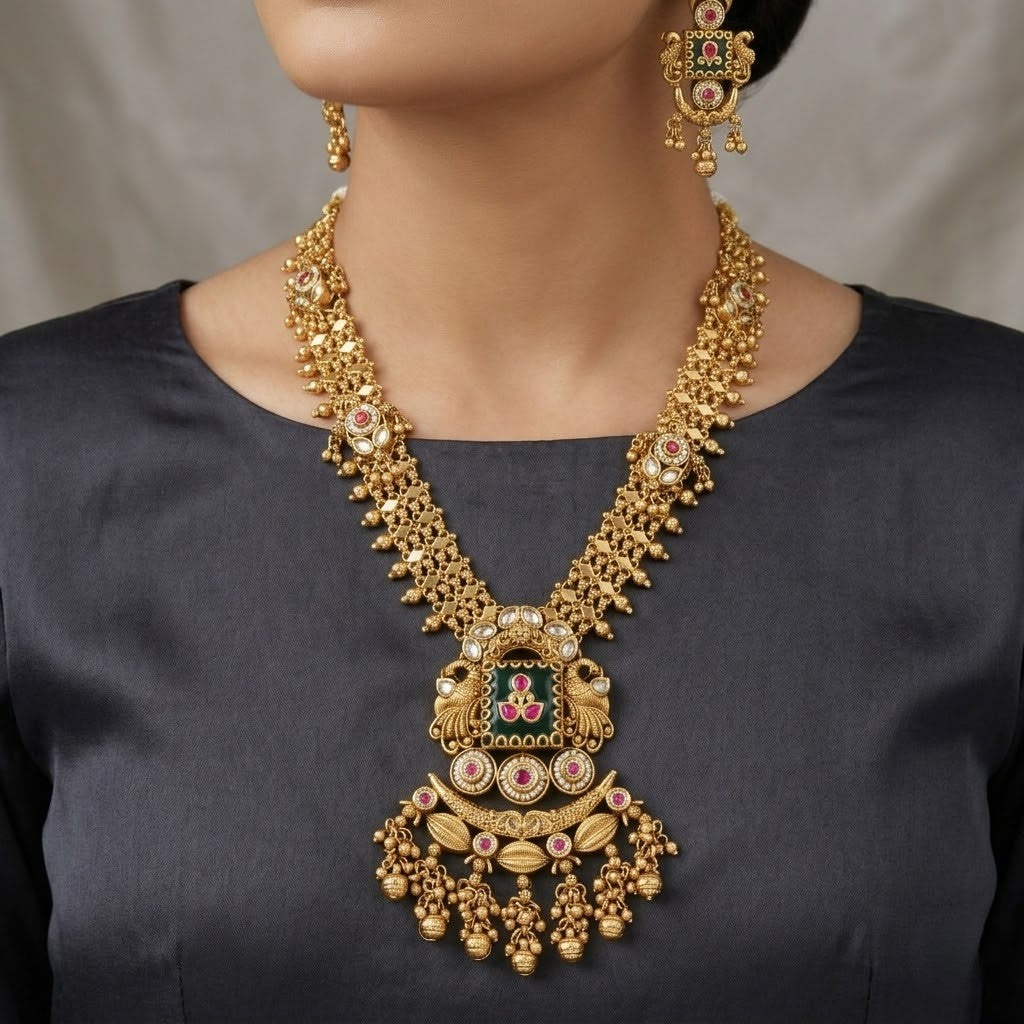 Long Gold-Plated Ethnic Statement Pendant Necklace Set