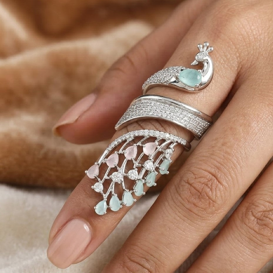 Silver Polished Peacock Wrap Ring - Mint Green & Pink Stone Statement Finger Ring