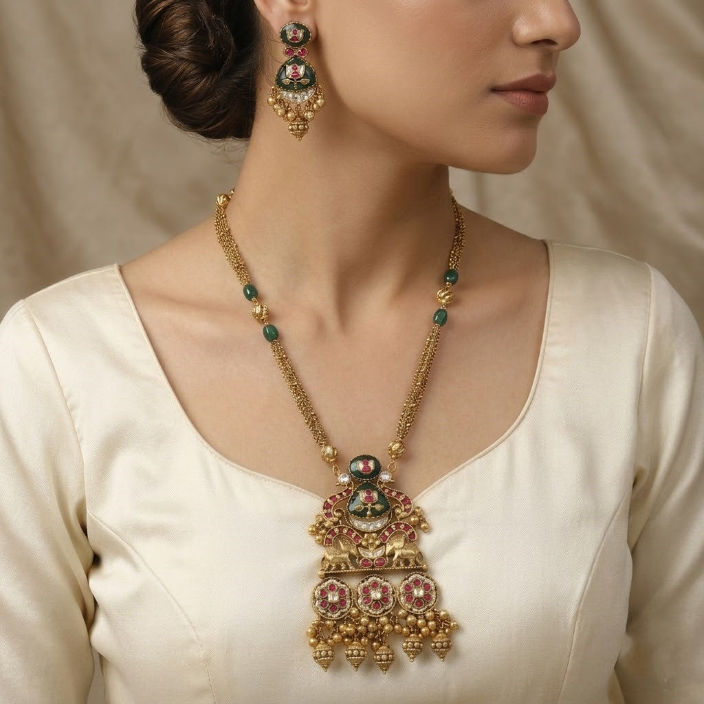 Antique Finish Long Necklace Set with Elephant Motifs & Green Stones