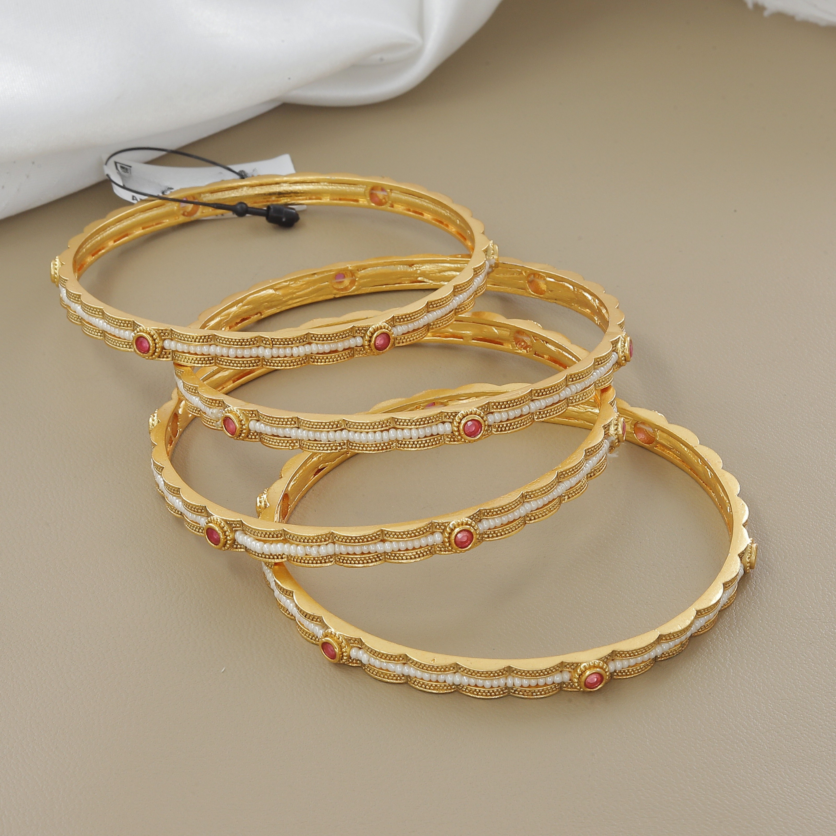 Antique Gold Set Of 4 Bangle Set with Ruby and Pearl Detailing