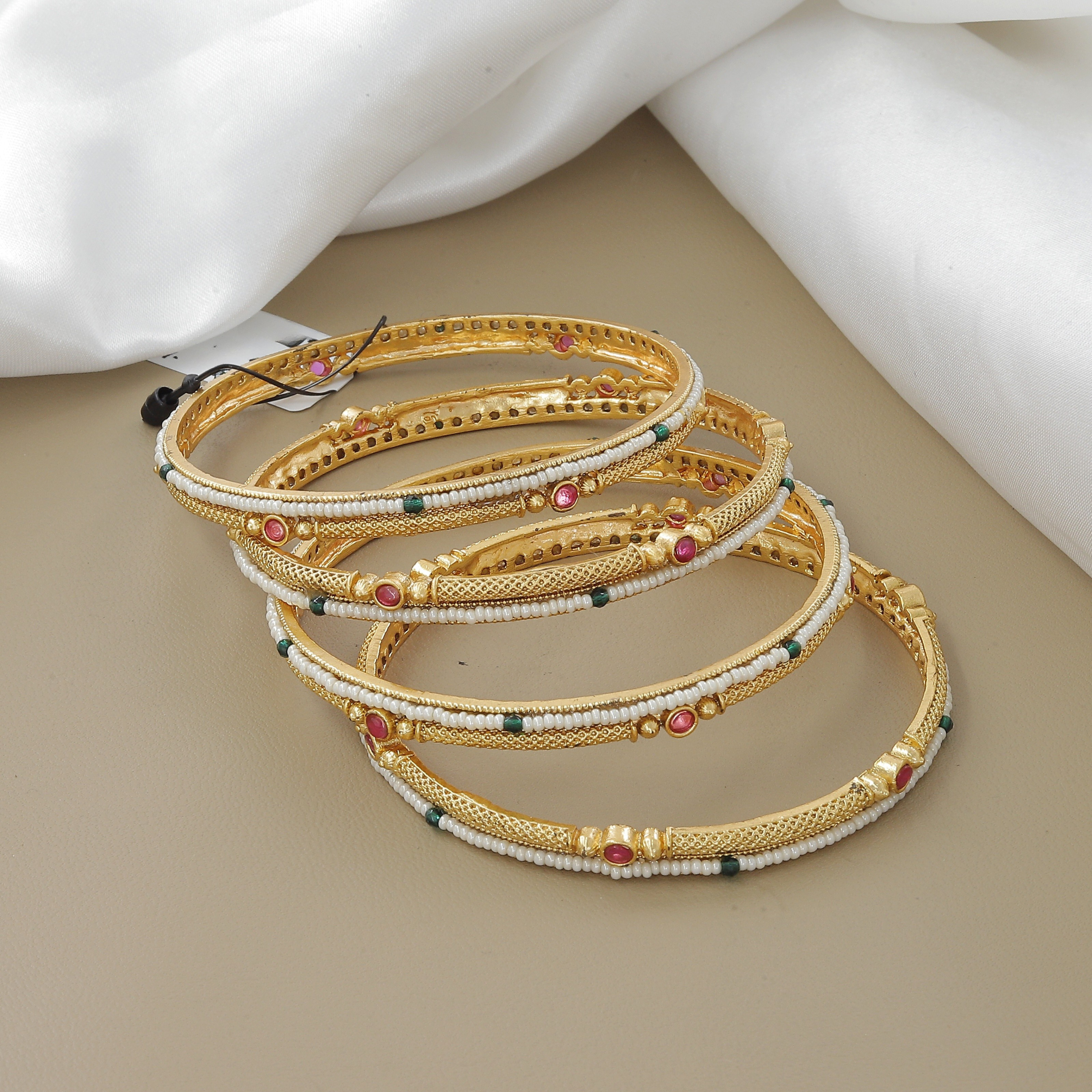 Antique Indian Set Of 4 Bangles with Moti, Ruby & Emerald