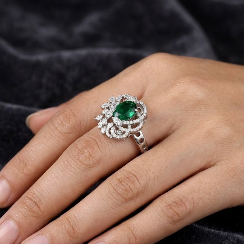 Floral Cluster Ring with Green Gemstone and White Zircon