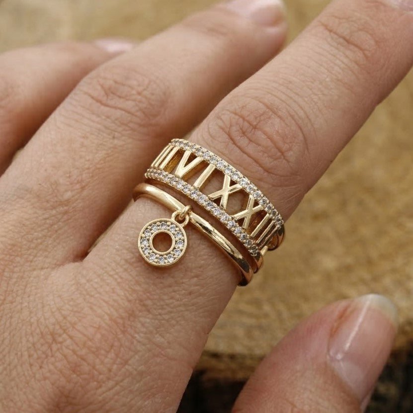 Gold Roman Numeral Dangle Ring with Sparkling Accents