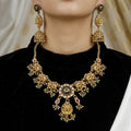 Traditional Matte Gold Floral Choker Necklace Set with Jhumkas