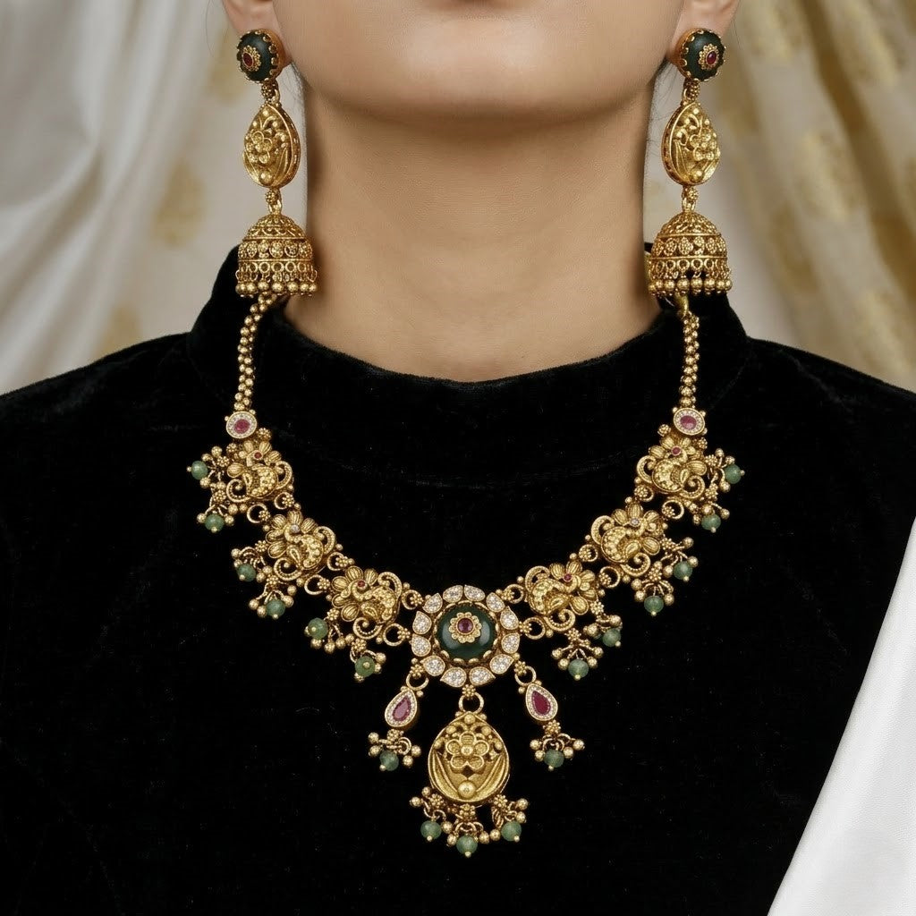 Traditional Matte Gold Floral Choker Necklace Set with Jhumkas