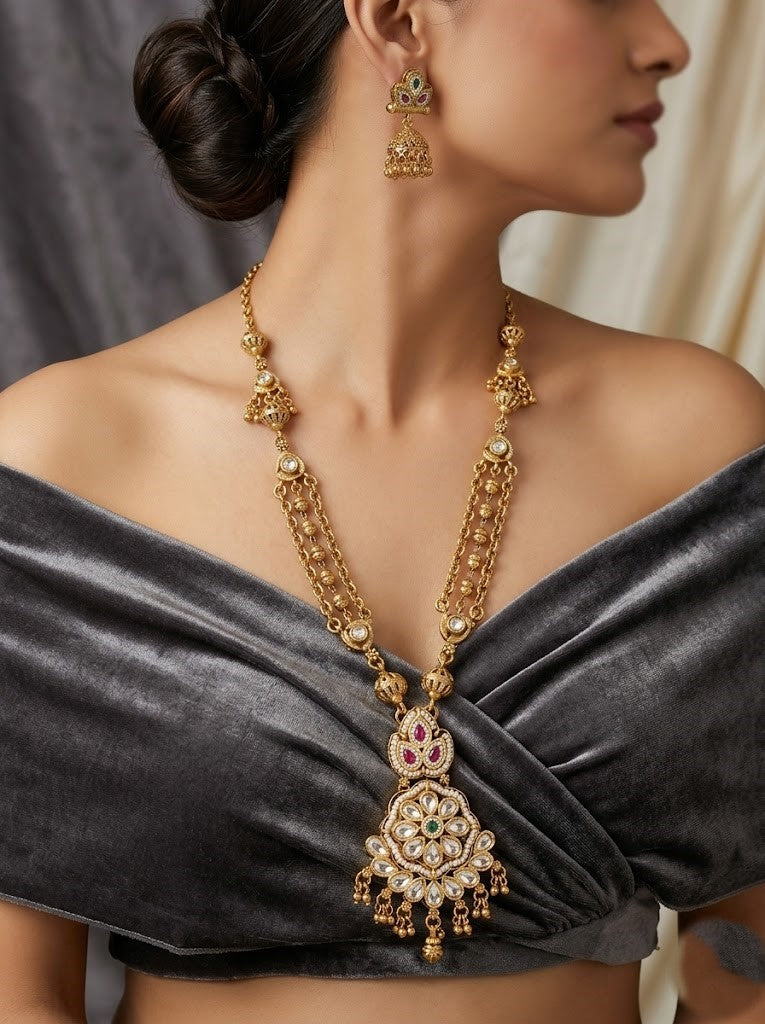 Gold Plated Kundan & Stone Work Long Necklace Set