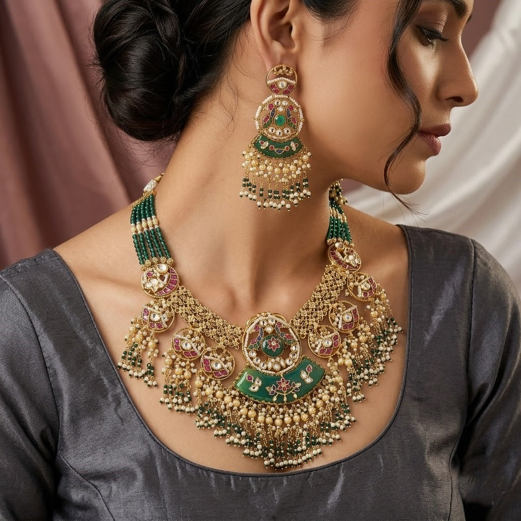 Kundan Heritage Mint Green Necklace Set with Pearl & Stone Drops
