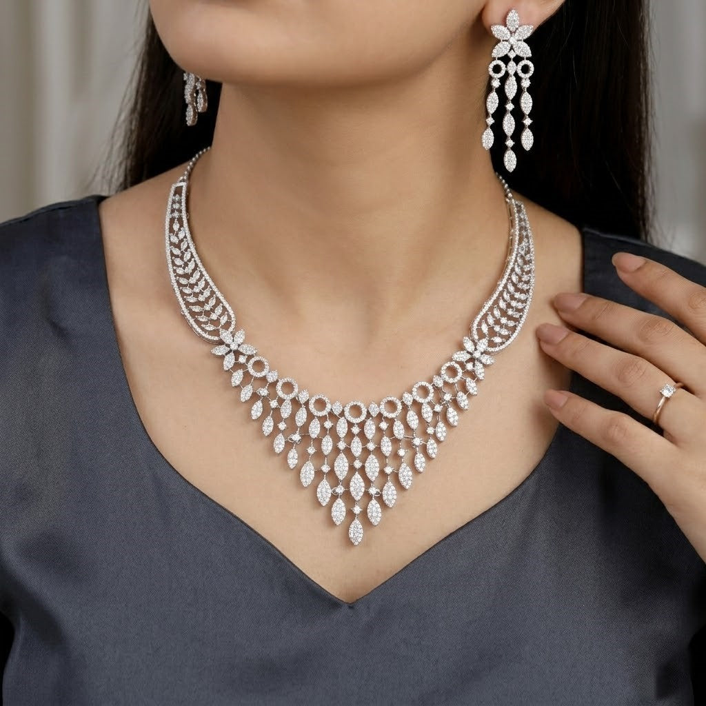Elegant Silver-Polished American Diamond Floral Necklace Set
