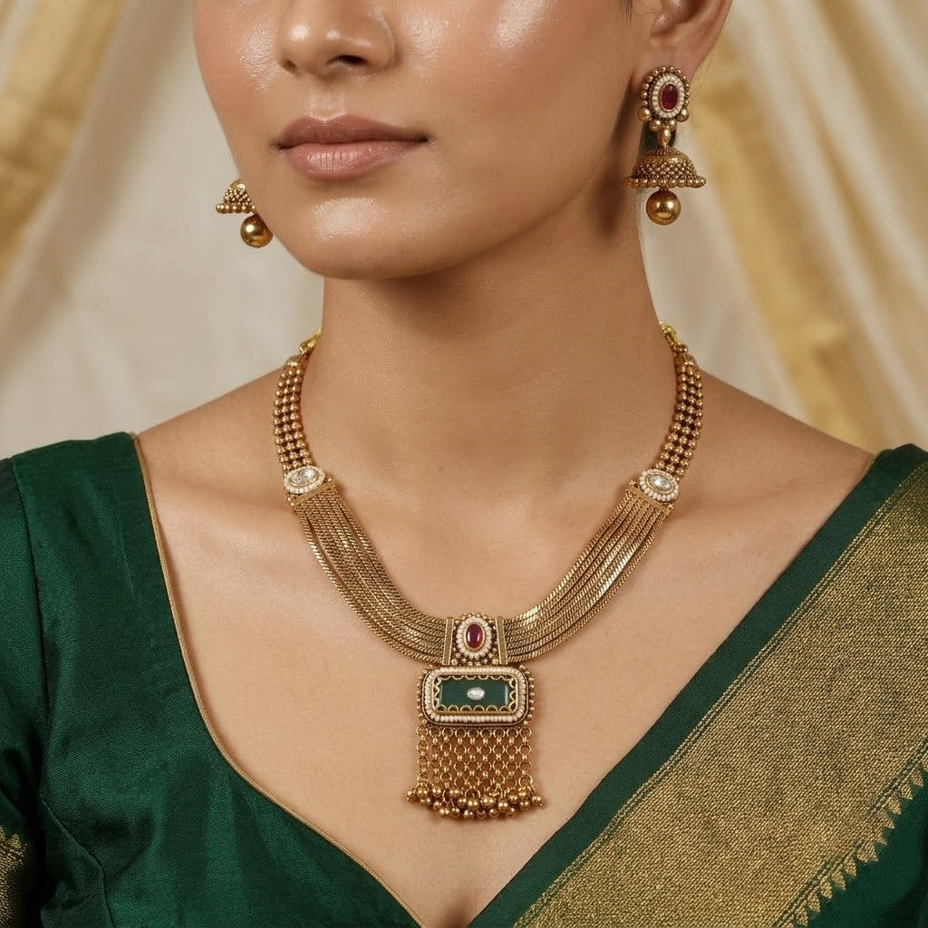 Multi-Strand Gold-Tone Heritage Necklace with Rectangular Pendant