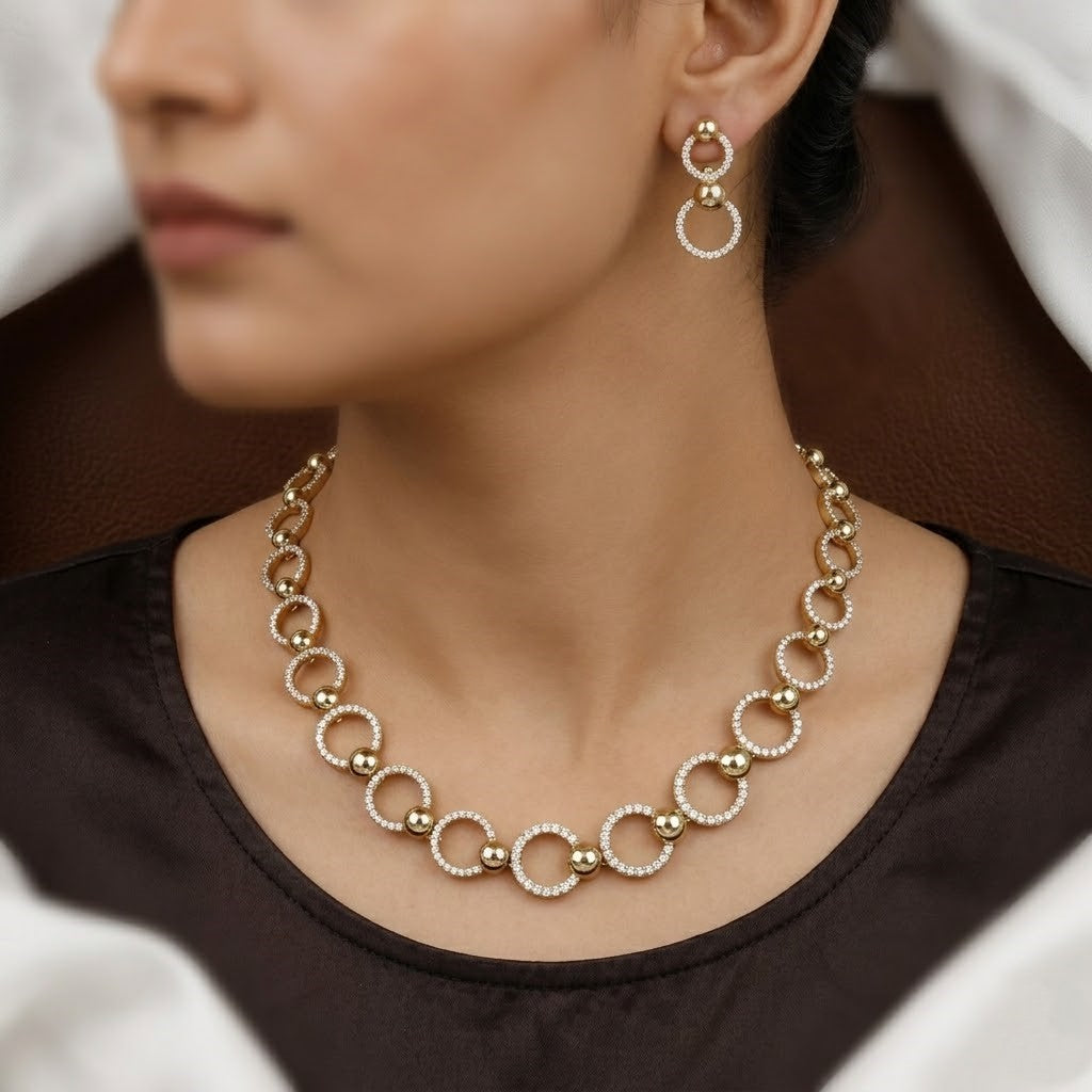 Mehndi Polished Modern Pave Circle & Ball Necklace Set