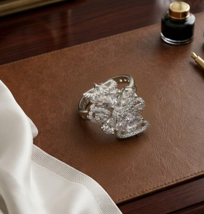 Silver Cocktail Elegant Crystal Floral Statement Ring