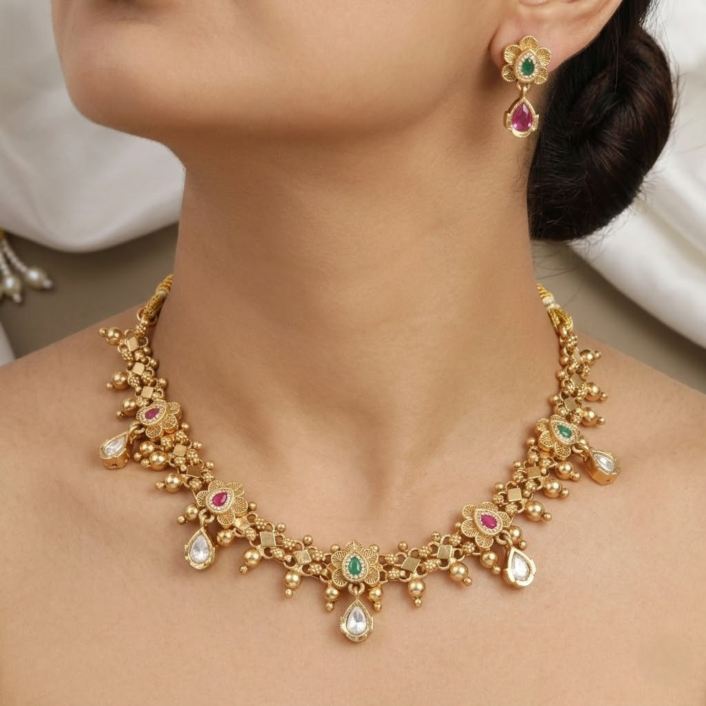 Elegant Matte Gold Ethnic Necklace & Earring Set