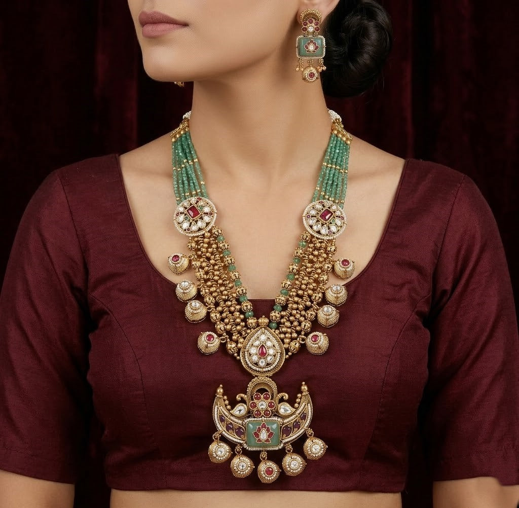 Grand Gold Tone Necklace Set with Kundan, Ruby & Emerald Stones