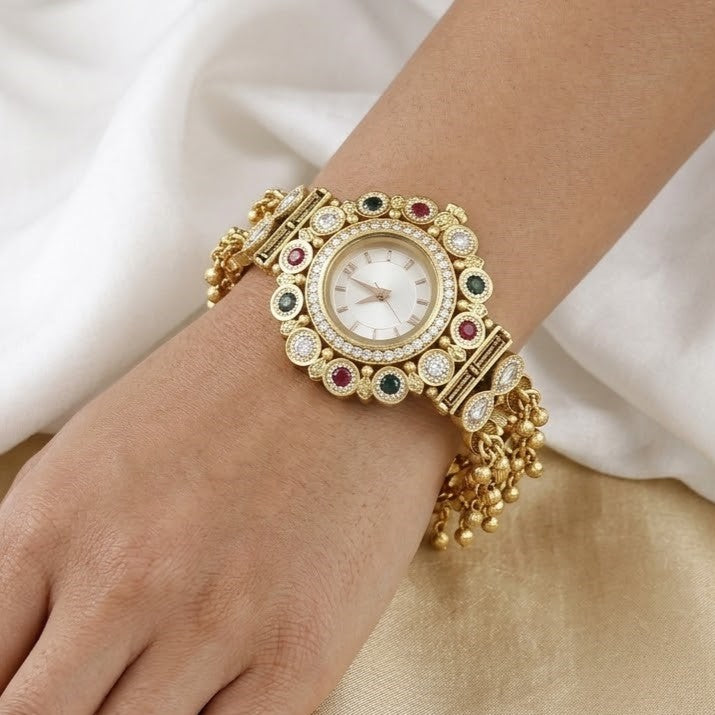 Traditional Pearl & Stone Timepiece Ethnic Antique Gold Watch
