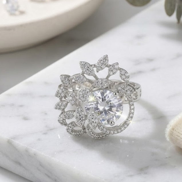 Stunning Silver Floral Ad Statement Party Ring