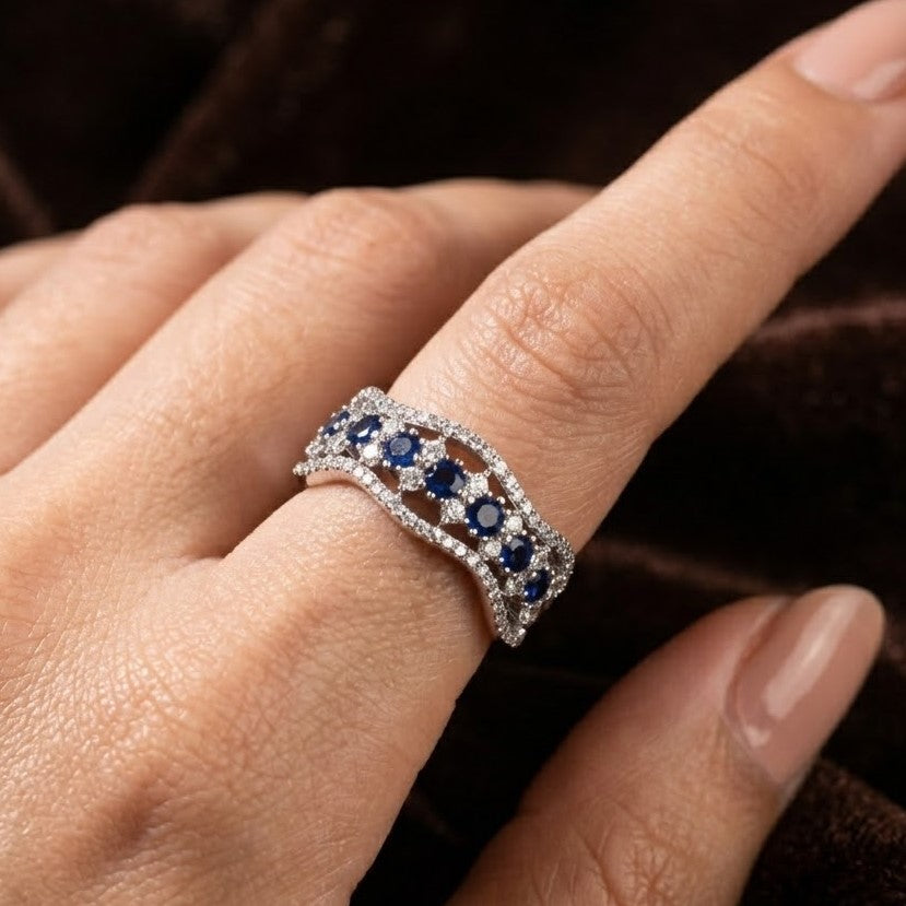 Silver Sapphire-Tone Wave Zirconia Eternity Ring