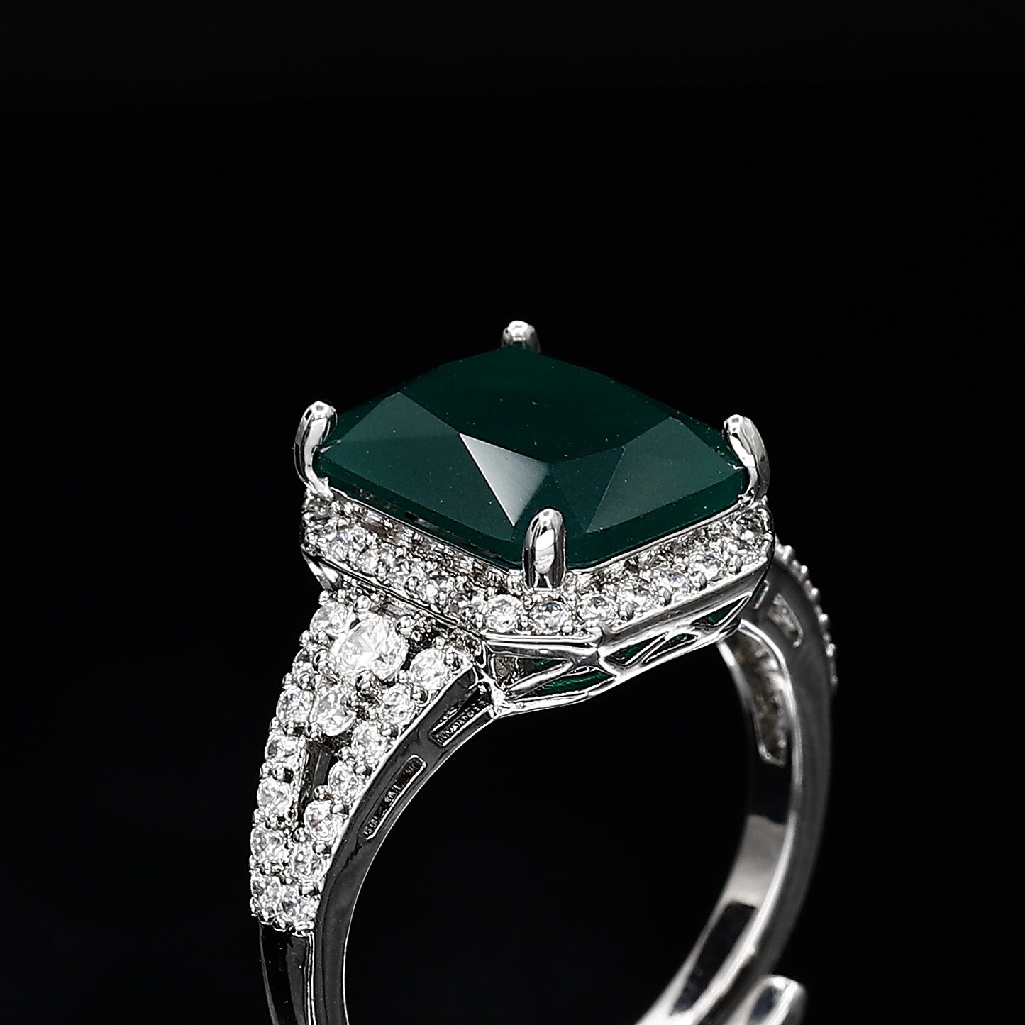 Emerald Cut Diamond Freesize Silvertone Ring