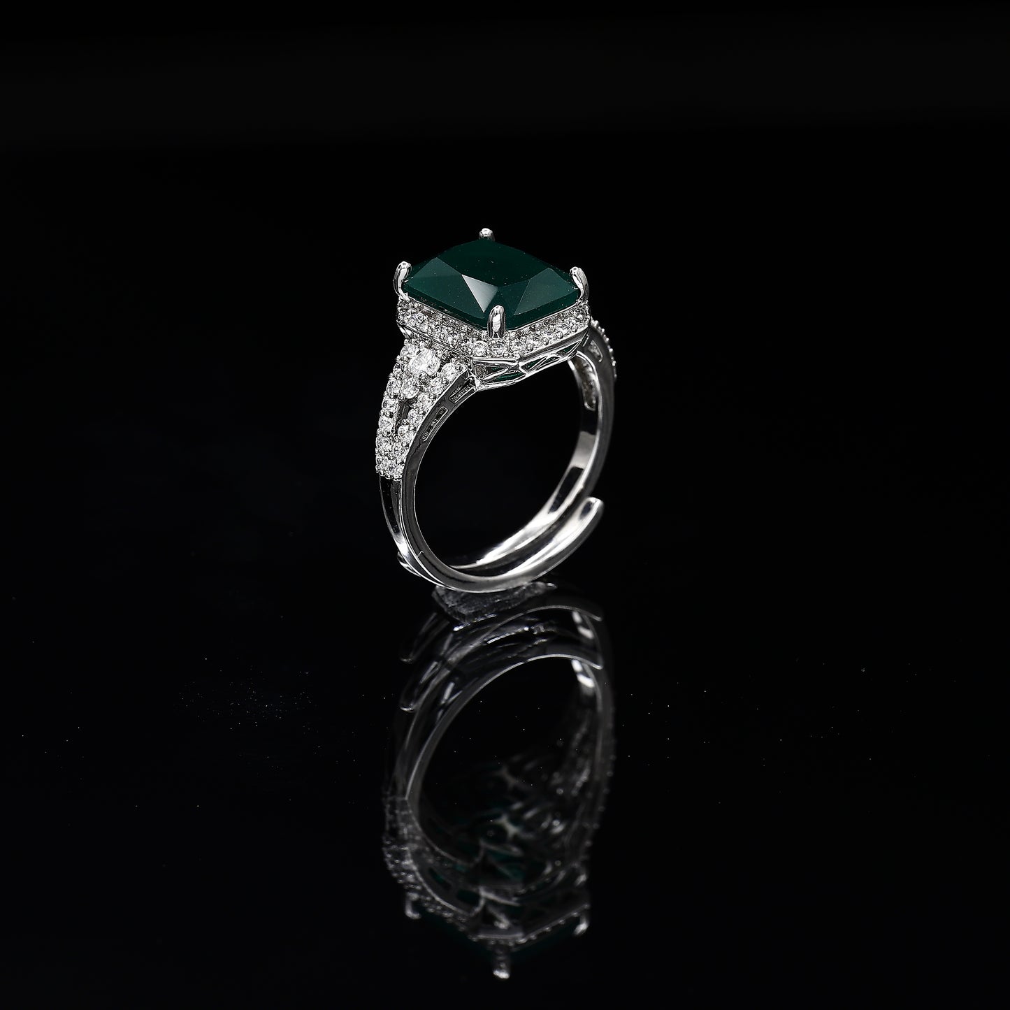 Emerald Cut Diamond Freesize Silvertone Ring