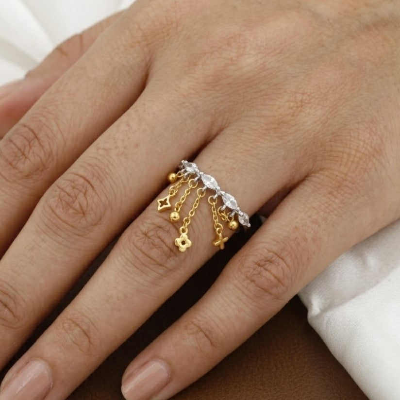 Two-Tone Marquise Cut Crystal Ring with Cascading Gold-Tone Drip Chains