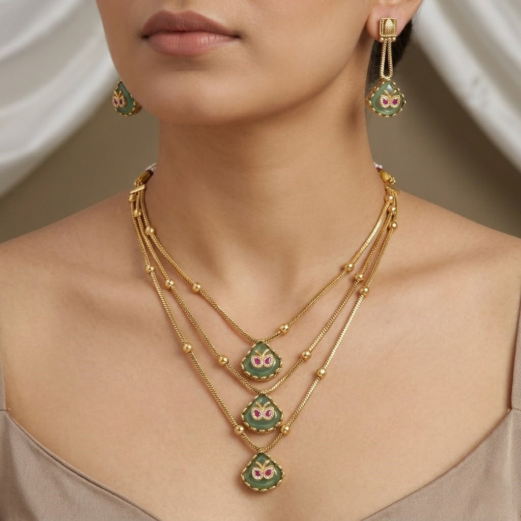 3-Layer Gold Multi-Strand Necklace Set with Green Stones