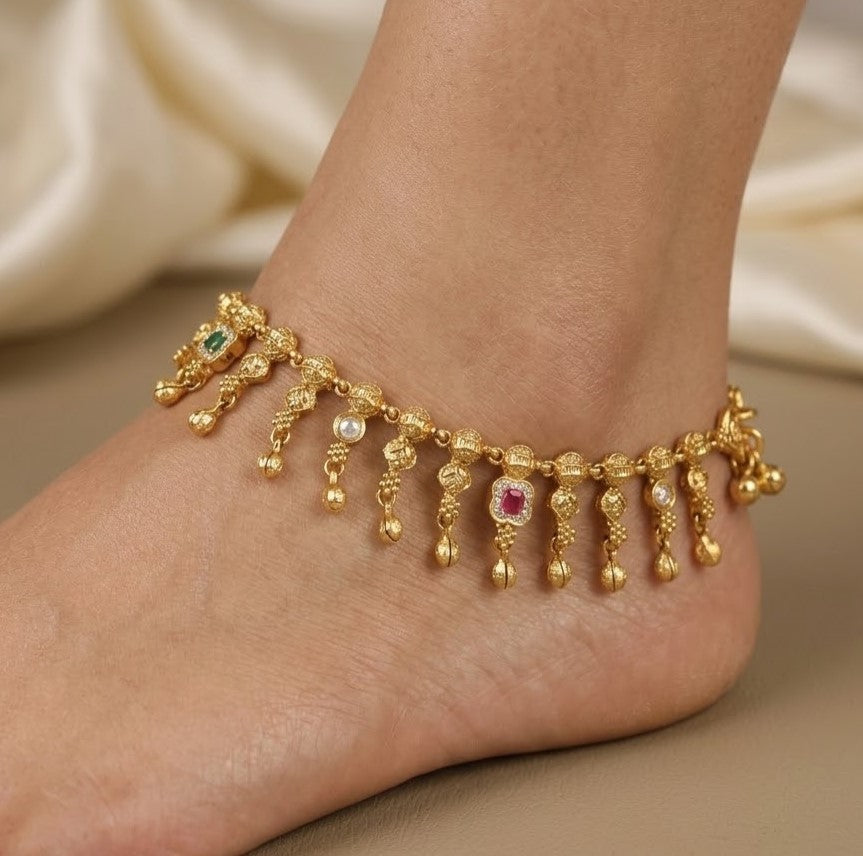 Pair Of 2 Traditional Gold Plated Payal with Ruby & Emerald Stones
