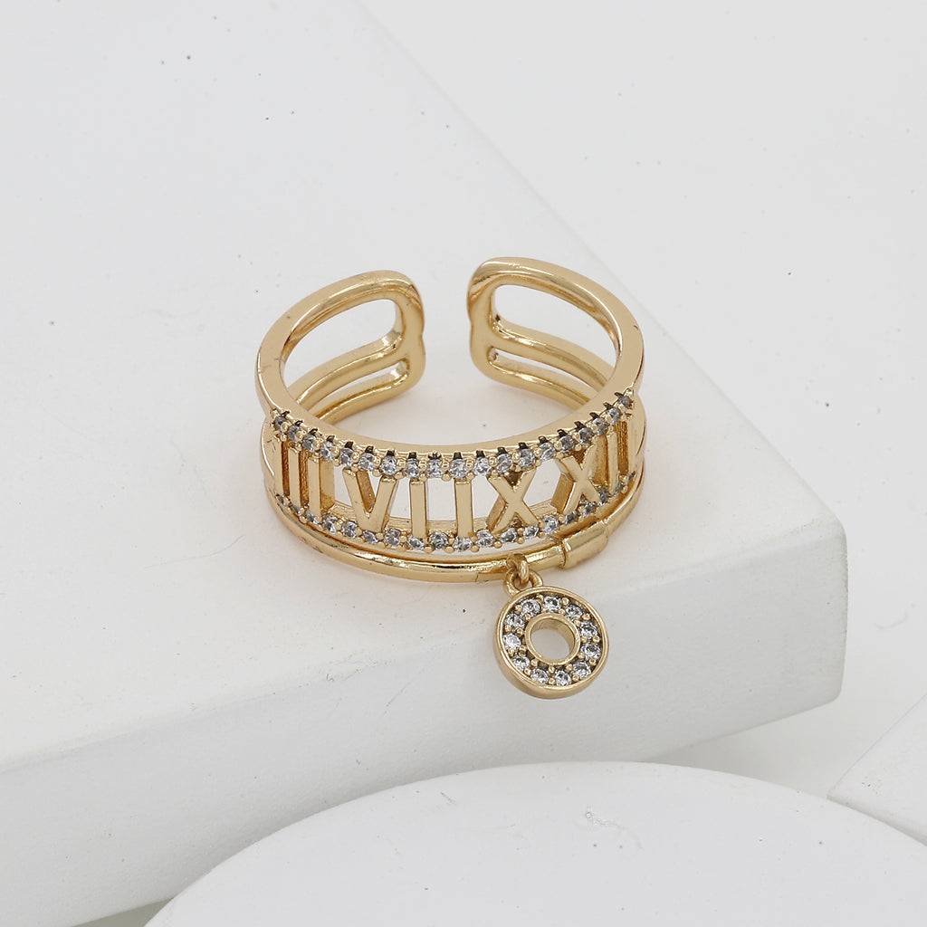 Gold Roman Numeral Dangle Ring with Sparkling Accents