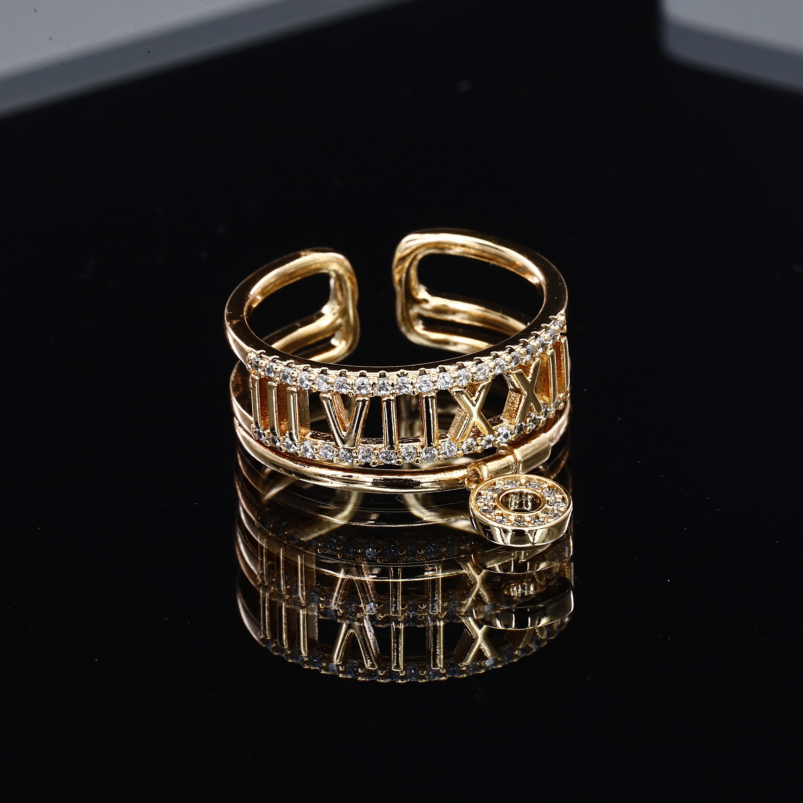 Gold Roman Numeral Dangle Ring with Sparkling Accents